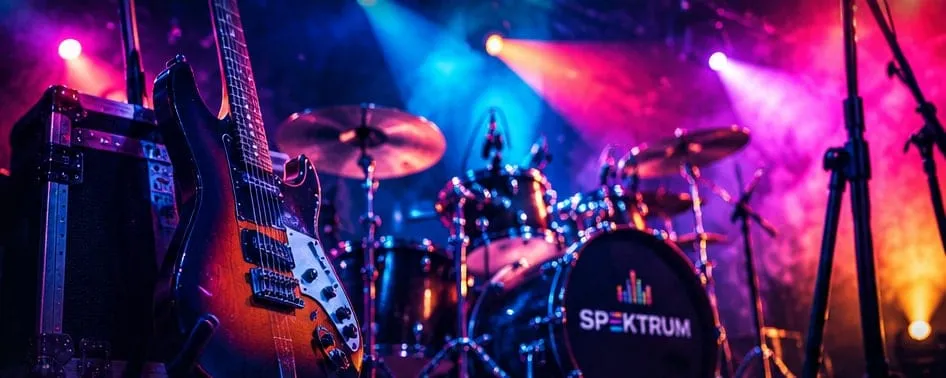 Scena w kolorowych światłach: gitara elektryczna, wzmacniacz i perkusja z logo SPEKTRUM